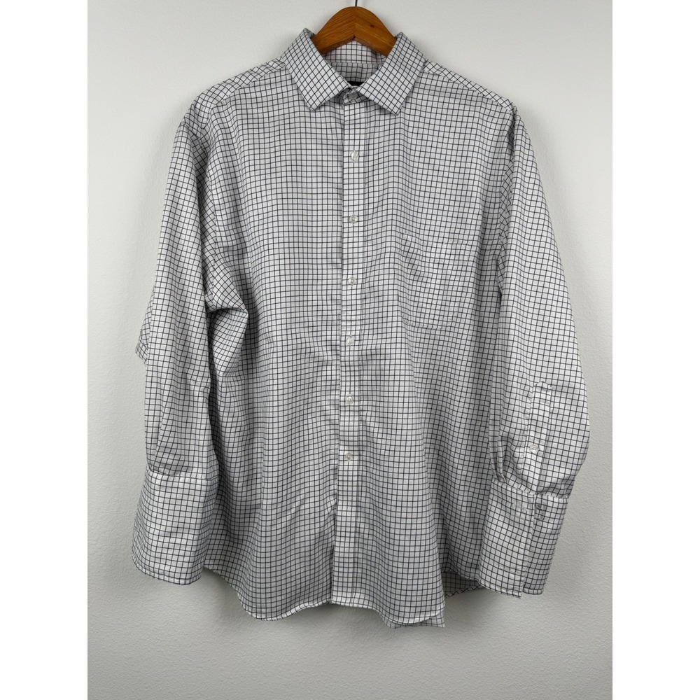 Tasso Elba Dress Shirt Mens XL White Black Good Regular Fit Non-Iron Grid Office